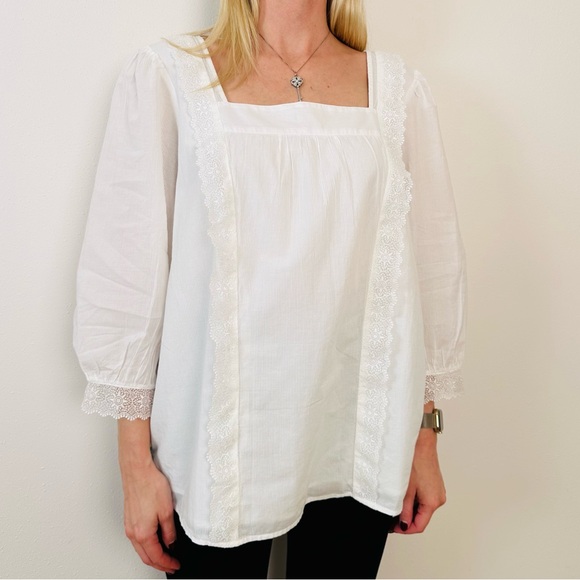 Talbots poplin square neck top blouse lace boho - Picture 2 of 14